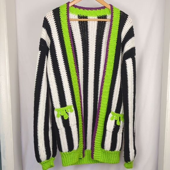 Custom "It's Showtime" Handmade Crochet Bettlejuice Cardigan Sweater - Picture 2 of 5